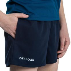 Spodenki do rugby z kieszeniami dla dzieci Offload R100. Niebieskie szorty OFFLOAD, bez wzorów, z materiału, klasyczne. Za 39.99 zł.