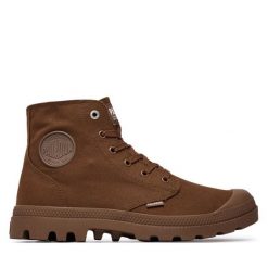 Trapery Palladium. Brązowe traperki Palladium, bez wzorów, bez obcasa, bez zapięcia. Za 349.99 zł.