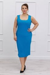 Klasyczna sukienka z prążkiem Kobiecość na lato w kolorze lazurowego wybrzeża duże rozmiary XXL. Niebieskie sukienki Moda Size Plus Iwanek, na co dzień, l, bez wzorów, z elastanu, eleganckie, bez kołnierzyka, bez ramiączek, mini, dopasowane. Za 199.90 zł.