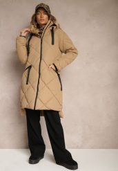 Beżowa Pikowana Kurtka z Przeszyciem w Kratę Kapturem i Kieszeniami Zenetta. Brązowe kurtki Renee, l, bez wzorów, z jeansu, eleganckie, z kapturem. Za 179.99 zł.