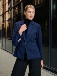 Marynarka jednorzędowa - granatowy. Niebieskie marynarki i żakiety Sinsay, l, bez wzorów, bez ramiączek. Za 49.99 zł.