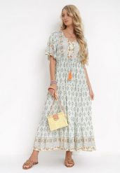 Miętowa Sukienka Maxi z Gumką i Sznurkiem z Chwostami w Pasie Maryse. Zielone sukienki Born2be, m, bez wzorów, bez kołnierzyka, bez ramiączek, maxi. Za 129.99 zł.
