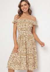 Beżowa Sukienka z Bawełny w Ornamentalny Wzór z Gumką w Pasie Natirissa. Brązowe sukienki Born2be, na co dzień, l, bez wzorów, z bawełny, eleganckie, bez kołnierzyka, bez ramiączek, midi, proste. W wyprzedaży za 38.24 zł.