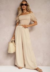 Beżowe Wiskozowe Spodnie Szerokie High Waist Rissalene. Brązowe jeansy Renee, m, bez wzorów, z jeansu, biznesowe, z podwyższonym stanem. W wyprzedaży za 29.99 zł.
