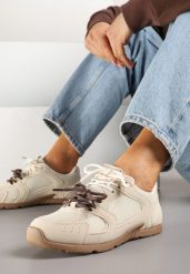 Beżowe Sneakersy z Podwójnymi Sznurówkami Terfitra. Brązowe buty sportowe lifestyle Renee, bez wzorów, eleganckie, bez zapięcia. W wyprzedaży za 75.99 zł.