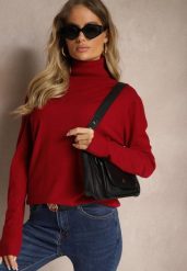 Bordowy Klasyczny Golf Longsleeve z Dodatkiem Wiskozy Leriona. Czerwone swetry Renee, s, bez wzorów, z jeansu, eleganckie, bez ramiączek. W wyprzedaży za 39.99 zł.