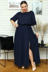 Sukienka hiszpanka długa z rozcięciem ASTRA granatowa. Sukienki KARKO, na co dzień, plus size, bez wzorów, z elastanu, eleganckie, bez kołnierzyka, plus size, bez ramiączek, maxi, kopertowe. Za 369.50 zł.