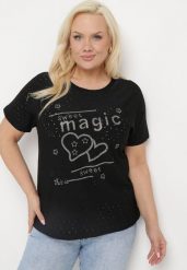 Czarny T-shirt Ażurowy z Ozdobnymi Cyrkoniami Cevola. Czarne t-shirty Born2be, xl, w ażurowe wzory, bez kołnierzyka, bez ramiączek. Za 59.99 zł.