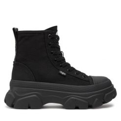 Botki Buffalo. Czarne botki Buffalo, bez wzorów, bez obcasa, na płaskiej podeszwie, bez zapięcia. Za 289.99 zł.