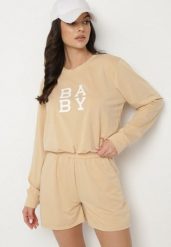 Beżowy 2-Częściowy Komplet Dresowy Bluza z Nadrukiem i Luźne Szorty z Kieszeniami Ridana. Brązowe bluzy Born2be, bez wzorów, z dresówki. W wyprzedaży za 38.24 zł.
