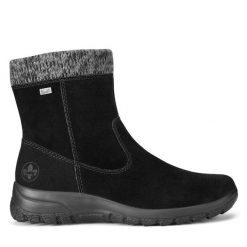 Botki Rieker. Czarne botki Rieker, bez wzorów, bez obcasa, na płaskiej podeszwie, bez zapięcia. Za 265.99 zł.