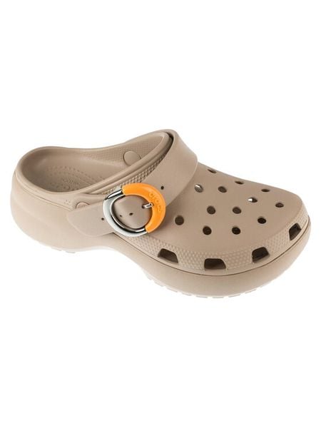 Crocs Klapki Classic Platform Buckle Clog 213230 Beżowy. Brązowe klapki Crocs, bez wzorów, z tworzywa sztucznego, bez obcasa, bez zapięcia. Za 242.99 zł.