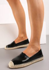 Czarne Metaliczne Espadryle Ozdobione Plecionką na Nosku i Podeszwie Mareolle. Czarne espadryle Renee, w ażurowe wzory, bez obcasa. W wyprzedaży za 47.99 zł.