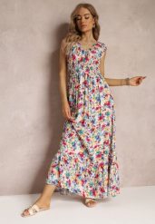 Biało-Czerwona Rozkloszowana Sukienka Maxi w Kwiaty z Gumką w Talii i przy Dekolcie Eirerene. Białe sukienki Renee, na imprezę, l, bez wzorów, z tkaniny, bez kołnierzyka, bez ramiączek, maxi, rozkloszowane. W wyprzedaży za 75.99 zł.