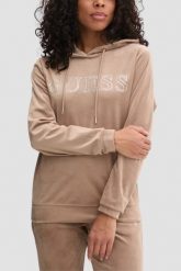 GUESS Brązowa welurowa damska bluza Couture. Brązowe bluzy Guess, s, z aplikacjami, z weluru, bez ramiączek, z kapturem. W wyprzedaży za 258.99 zł.