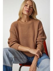 Happiness Istanbul Sweter w kolorze jasnobrązowym rozmiar: S/M. Brązowe swetry Happiness Istanbul, m, bez wzorów, ze splotem, bez ramiączek. Za 91.77 zł.