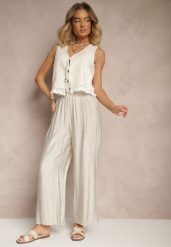 Jasnoszare Spodnie High Waist o Szerokim Kroju z Wiązaniem Telisiela. Szare jeansy Renee, bez wzorów, z jeansu, eleganckie, z podwyższonym stanem. W wyprzedaży za 29.99 zł.