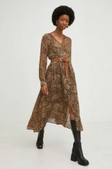 Answear Lab sukienka kolor beżowy midi rozkloszowana. Brązowe sukienki Answear Lab, l, bez wzorów, bez kołnierzyka, bez ramiączek, midi, rozkloszowane. Za 329.99 zł.