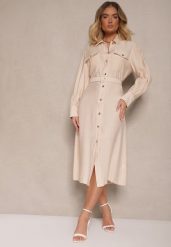 Beżowa Koszulowa Sukienka z Wiskozy z Paskiem z Klamrą i Kieszeniami Lisandrila. Brązowe sukienki Renee, na co dzień, l, bez wzorów, z wiskozy, eleganckie, bez kołnierzyka, bez ramiączek, midi, koszulowe. W wyprzedaży za 111.99 zł.