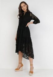 Czarna Sukienka Pethelphise. Czarne sukienki Born2be, s, bez wzorów, z koronki, bez kołnierzyka, bez ramiączek, midi, rozkloszowane. Za 229.99 zł.