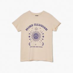 T-shirt oversize z nadrukiem - Beżowy. Brązowe t-shirty Cropp, l, bez wzorów, z bawełny, bez kołnierzyka, bez ramiączek. Za 49.99 zł.