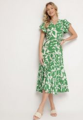 Jasnozielona Rozkloszowana Sukienka z Wiązaniem w Roślinny Wzór Janitaie. Zielone sukienki Born2be, na co dzień, l, bez wzorów, z jeansu, eleganckie, bez kołnierzyka, bez ramiączek, midi, rozkloszowane. W wyprzedaży za 59.49 zł.