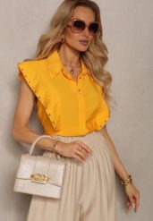 Pomarańczowa Wiskozowa Koszula bez Rękawów z Rozcięciami z Tyłu i Ćwiekami Drimelia. Brązowe koszule Renee, l, bez wzorów, z jeansu, eleganckie, bez kołnierzyka, bez ramiączek. W wyprzedaży za 55.99 zł.