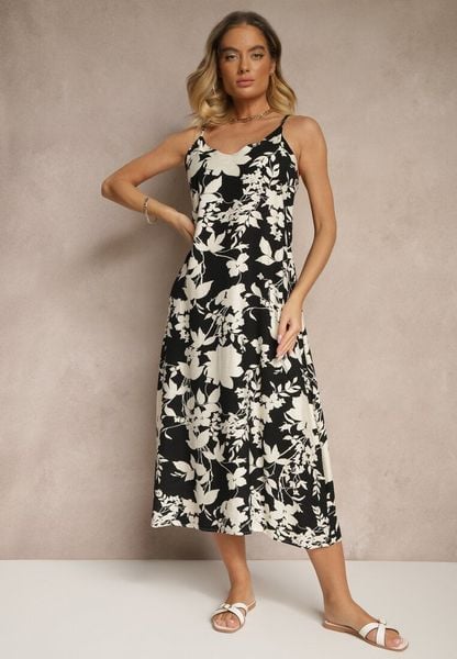 Czarno-Kremowa Sukienka z Wiskozą o Rozkloszowanym Kroju w Kwiaty Thirimi. Czarne sukienki Renee, na co dzień, l, bez wzorów, z wiskozy, eleganckie, bez kołnierzyka, bez ramiączek, maxi, rozkloszowane. Za 69.99 zł.
