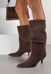 Brązowe Marszczone Botki na Obcasie Typu Kaczuszka Nalonia. Brązowe botki Born2be, bez wzorów, z jeansu, eleganckie, bez obcasa, na obcasie, bez zapięcia. Za 149.99 zł.