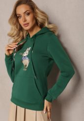 Zielona Ocieplana Bluza z Ozdobnym Nadrukiem i Kapturem Hitee. Zielone bluzy Renee, l, z aplikacjami, z dzianiny, casualowe, bez ramiączek, z kapturem. W wyprzedaży za 71.99 zł.