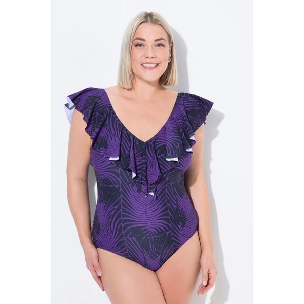 Damski Kostium kąpielowy wzór skóra węża miękkie miseczki falbana z recyklingu. Fioletowe stroje jednoczęściowe Ulla Popken, bez wzorów, z elastanu, sportowe. W wyprzedaży za 191.99 zł.
