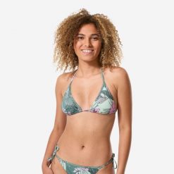 Góra kostiumu kąpielowego surfingowego damska Decathlon Mae Numea. Brązowe bikini Decathlon, bez wzorów, z elastanu, sportowe. Za 39.99 zł.