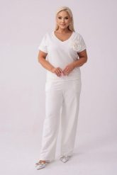 Komplet dresowy Róża w kolorze ecru - bluzka + długie spodnie PLUS SIZE XXL LATO. Bluzki Moda Size Plus Iwanek, l, bez wzorów, z bawełny, klasyczne, bez kołnierzyka, plus size, bez ramiączek. Za 289.90 zł.