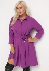 Fioletowa Rozkloszowana Mini Sukienka Zapinana na Guziki z Materiałowym Paskiem Vleco. Fioletowe sukienki Born2be, xl, bez wzorów, z materiału, bez kołnierzyka, bez ramiączek, mini, rozkloszowane. W wyprzedaży za 82.49 zł.