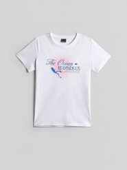 4F T-shirt regular z nadrukiem damski - biały M. Białe t-shirty 4f, m, bez wzorów, z bawełny, biznesowe, bez kołnierzyka, bez ramiączek. Za 59.99 zł.
