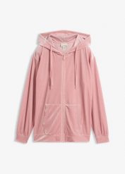 Bluza rozpinana z kapturem z aksamitu. Czerwone bluzy bonprix, bez wzorów, prążkowane, bez ramiączek, z kapturem. Za 109.99 zł.