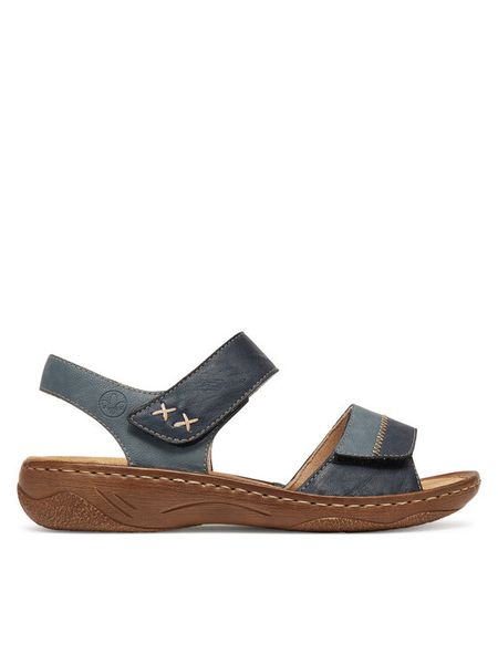 Rieker Sandały V2860-14 Granatowy. Niebieskie sandały Rieker, bez wzorów, z materiału, bez obcasa, na płaskiej podeszwie, bez zapięcia. Za 289.99 zł.