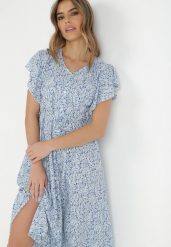 Niebieska Sukienka Megopis. Niebieskie sukienki Born2be, l, bez wzorów, z materiału, bez kołnierzyka, bez ramiączek, maxi, koszulowe. Za 139.99 zł.