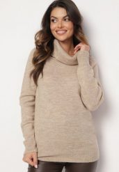 Beżowy Sweter z Wywiniętym Dekoltem Parira. Brązowe swetry Born2be, m, bez wzorów, eleganckie, bez ramiączek. W wyprzedaży za 93.49 zł.