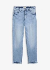 Dżinsy mom, high waist, low stretch, cropped. Niebieskie jeansy bonprix, bez wzorów, z bawełny, z podwyższonym stanem. Za 122.99 zł.