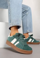 Zielono-Białe Sneakersy Typu Kultowe Tenisówki Zdobione Paskami Nevellise. Zielone trampki Renee, z aplikacjami, z jeansu, biznesowe, bez zapięcia. W wyprzedaży za 119.99 zł.