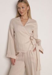 Beżowa Kopertowa Bluzka z Wiskozy Ozdobiona Wiązaniem Velanitte. Brązowe bluzki Born2be, l, bez wzorów, z jeansu, eleganckie, bez kołnierzyka, bez ramiączek. Za 149.99 zł.