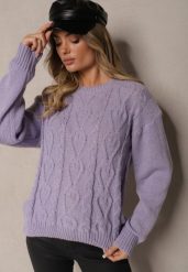 Ciemnofioletowy Sweter z Wełną Ozdobnym Splotem i Ściągaczem Nariae. Fioletowe swetry Renee, uniwersalny, bez wzorów, z jeansu, casualowe, bez ramiączek. Za 54.99 zł.