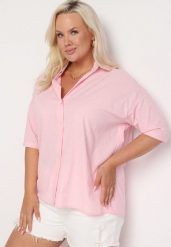 Różowa Bawełniana Koszula z Krótkim Rękawem Tinalyni. Czerwone koszule Born2be, l, bez wzorów, z bawełny, biznesowe, bez kołnierzyka, plus size, bez ramiączek. Za 99.99 zł.