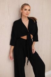 Komplet z wiskozy bluzka wiązana u dołu + spodnie czarny. Czarne bluzki KESI, l, bez wzorów, z dresówki, eleganckie, bez kołnierzyka, plus size, bez ramiączek. Za 217.48 zł.