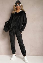 Czarny Komplet Dresowy z Weluru Luźna Bluza z Dekoltem w V i Elastyczne Spodnie z Kieszeniami Esparkia. Czarne bluzy Renee, l, bez wzorów, z dresówki, bez ramiączek, bez kaptura. Za 109.99 zł.