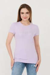 GUESS Lawendowy t-shirt Sangallo Tee. Czarne t-shirty Guess, s, z aplikacjami, bez kołnierzyka, bez ramiączek. W wyprzedaży za 166.99 zł.