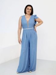 Kombinezon Model Carrina Błękit Połysk - Jersa. Niebieskie kombinezony Jersa, bez wzorów, z elastanu, eleganckie, bez kołnierzyka, bez ramiączek, długie. Za 822.65 zł.
