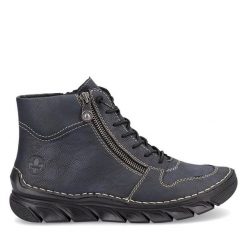 Botki Rieker. Niebieskie botki Rieker, bez wzorów, bez obcasa, na płaskiej podeszwie, bez zapięcia. Za 219.99 zł.