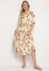 Beżowa Wiskozowa Sukienka z Geometrycznym Wzorem Filarin. Brązowe sukienki Born2be, na co dzień, l, bez wzorów, z wiskozy, eleganckie, bez kołnierzyka, bez ramiączek, midi, proste. Za 89.99 zł.
